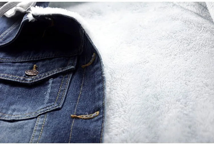 Back view of a chic women's plus size dark wash denim jacket with a soft hood, showcasing its flattering fit.
