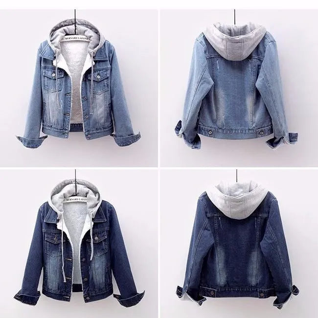 Versatile women's plus size light blue hooded denim jacket for everyday wear. Essential curvy fashion outerwear.