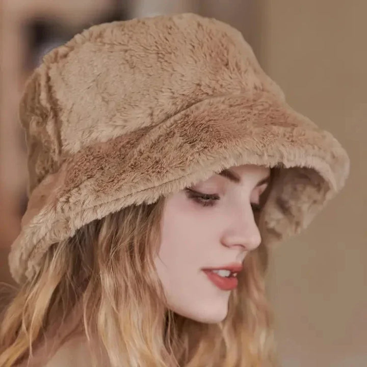 Women's plush faux rabbit fur bucket hat, soft & warm for autumn & winter fashion.
