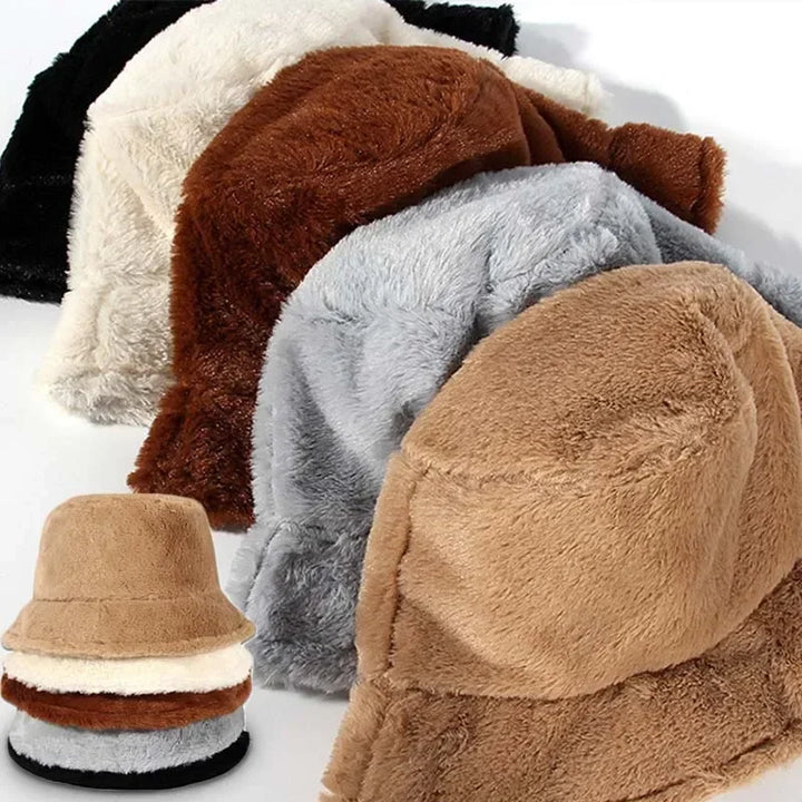 Warm and soft women's autumn-winter bucket hat, featuring premium faux rabbit fur.