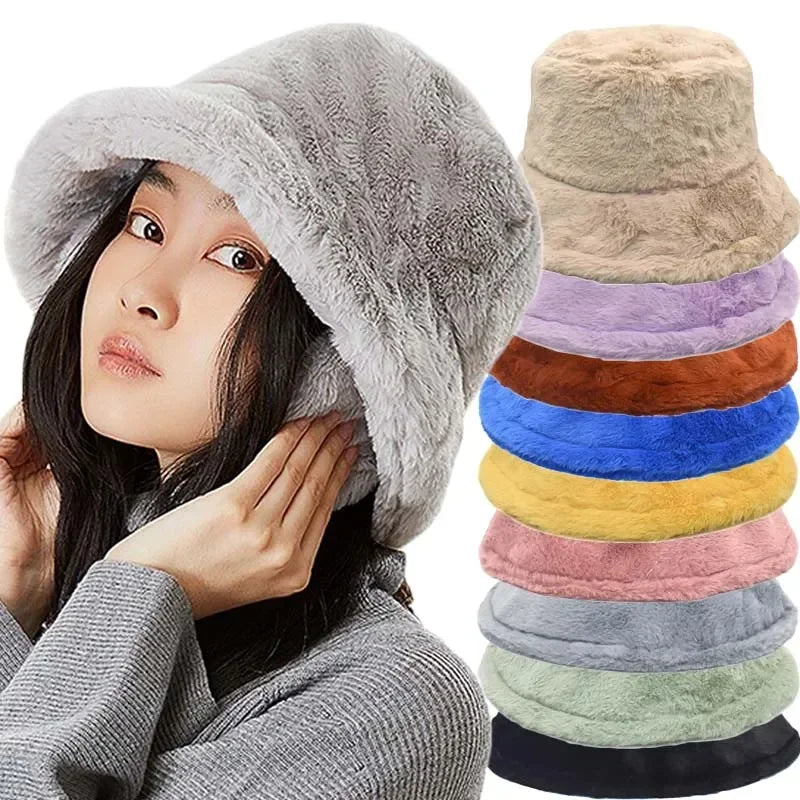 Cozy women's bucket hat made from luxurious faux rabbit fur, ideal for cold weather.