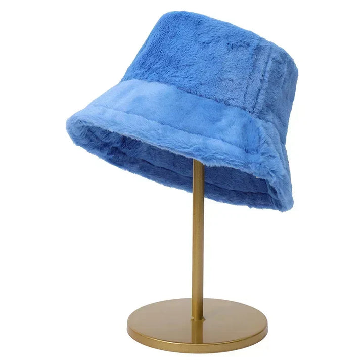 Soft & cozy women's autumn hat, a fashionable faux rabbit fur bucket hat accessory.