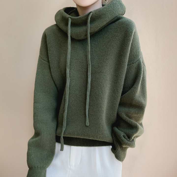 Stylish women's cowl neck hoodie with a relaxed fit. Comfortable long sleeve pullover, great for casual elegance.