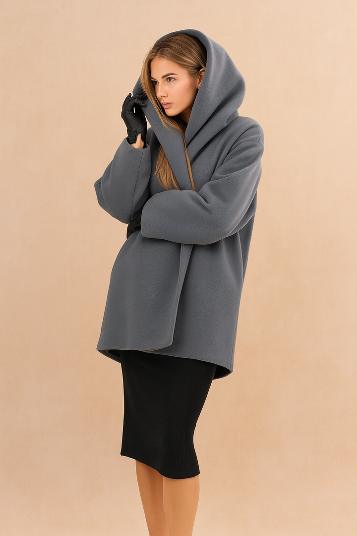 Warm women's relaxed fit open-front jacket. A modern city winter coat, great for versatile urban outerwear.