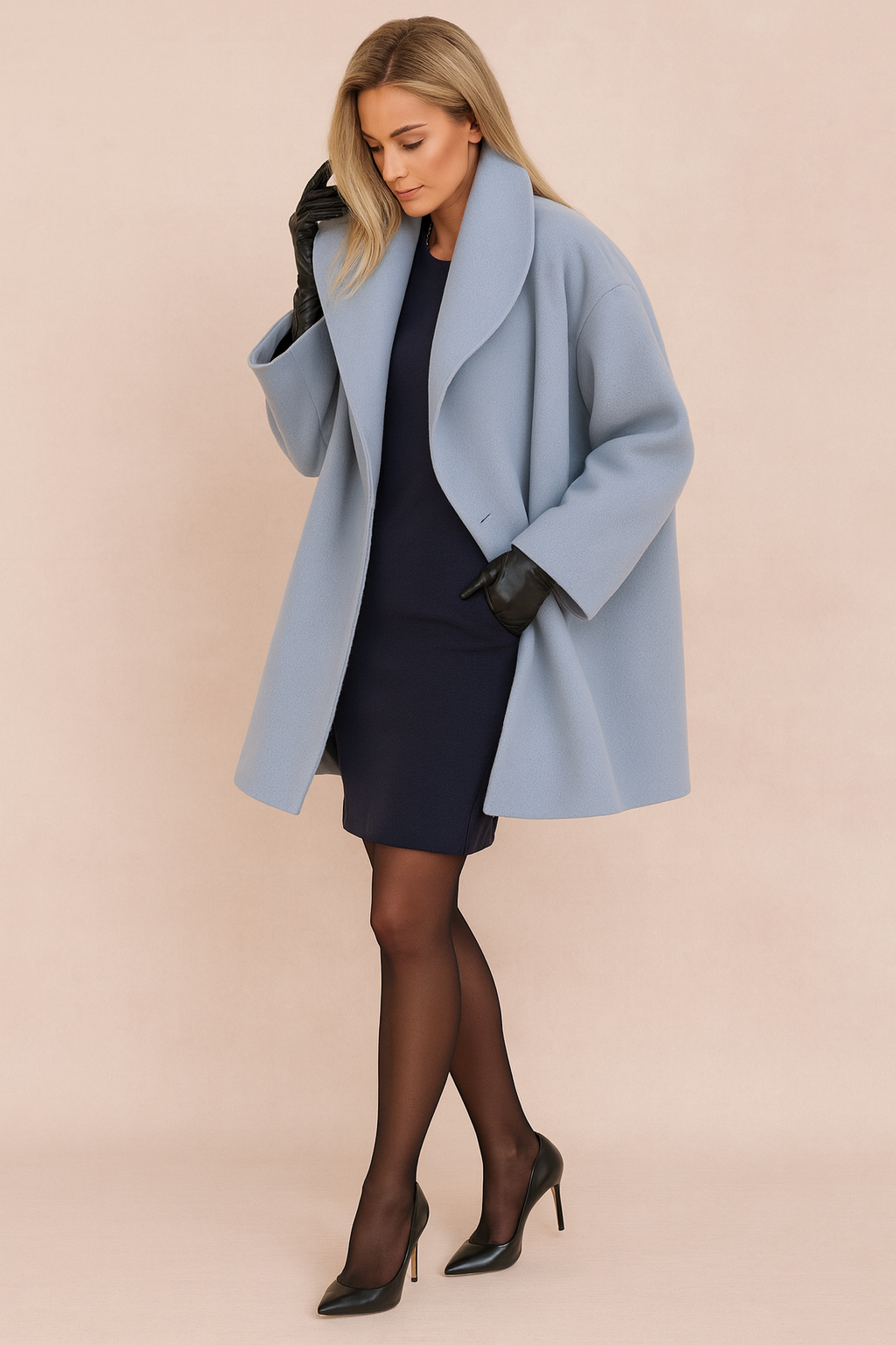Elegant women's long-sleeve relaxed fit open-front jacket. Modern winter outerwear for comfortable city fashion.