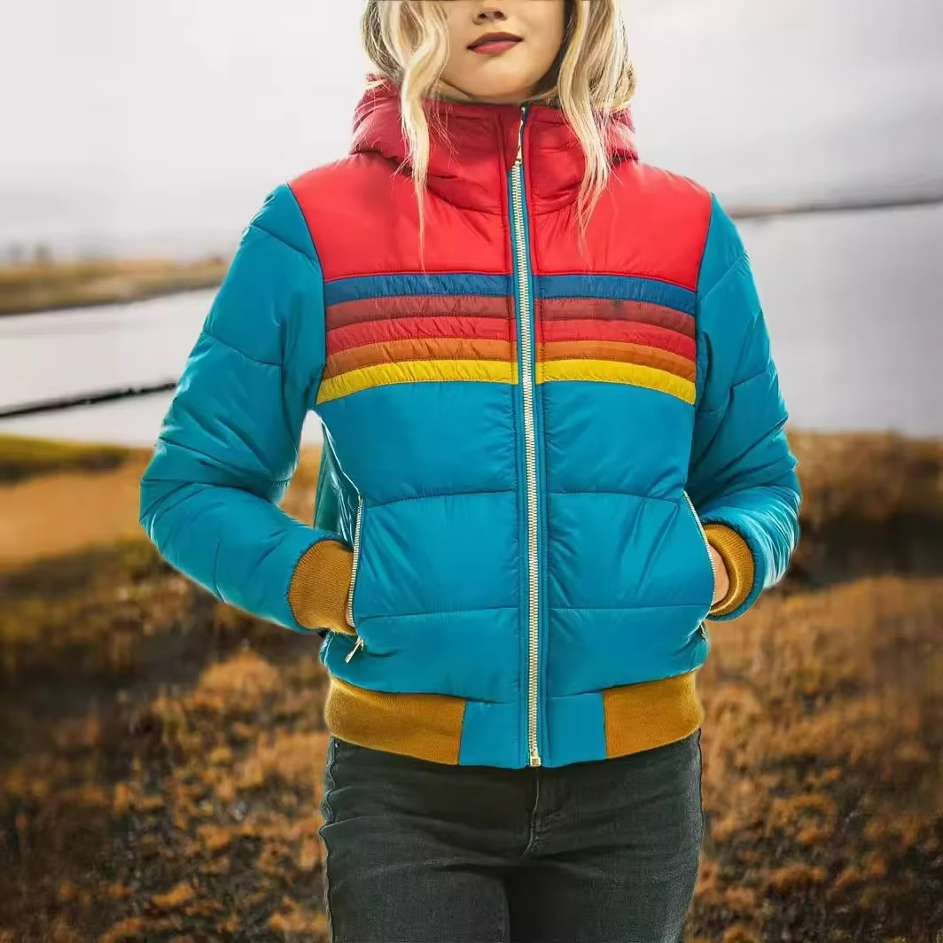 Women's retro striped padded puffer jacket in vibrant color block design.
