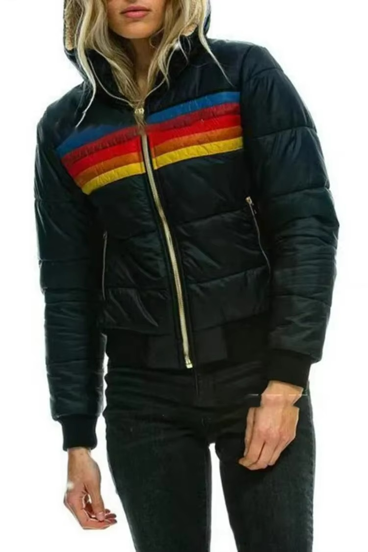 Cozy women's puffer jacket featuring a bold retro stripe pattern.