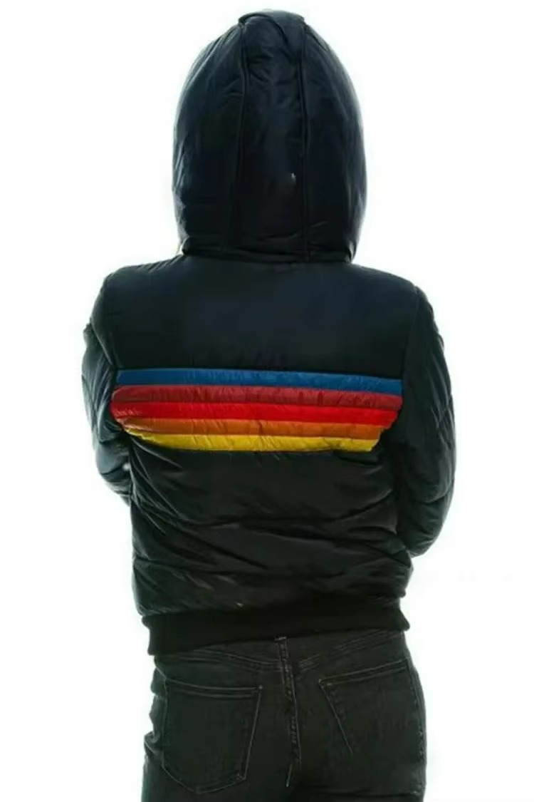 Stylish winter coat for women with a padded, striped, retro design.
