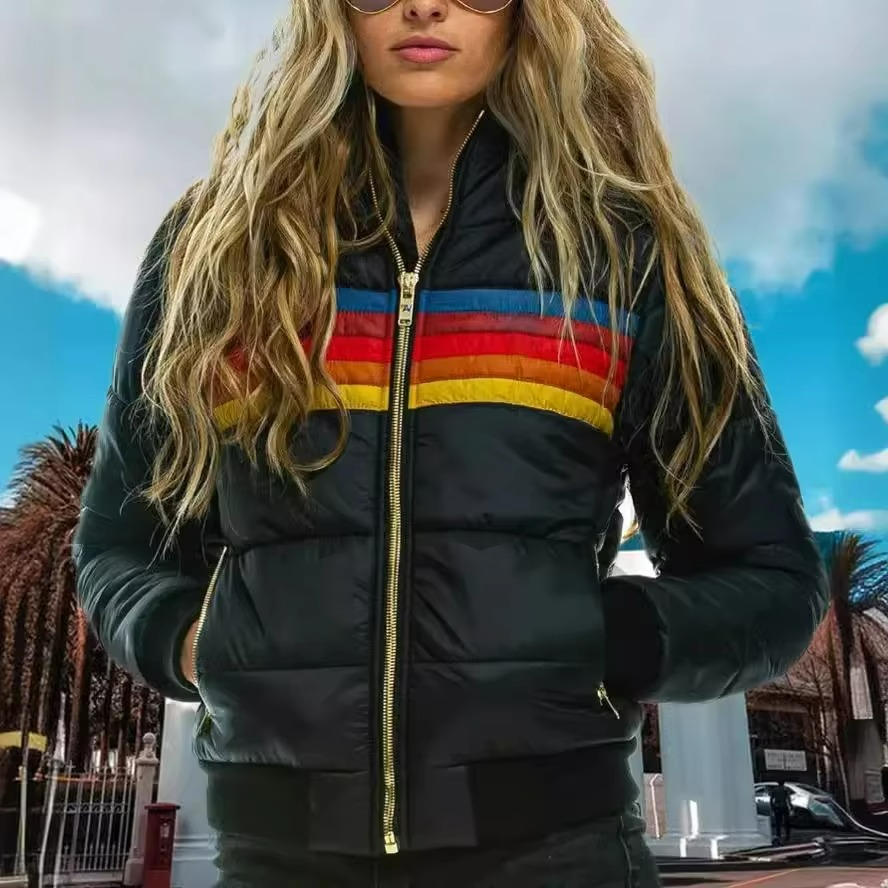 Fashionable outerwear: women's color block striped puffer jacket.