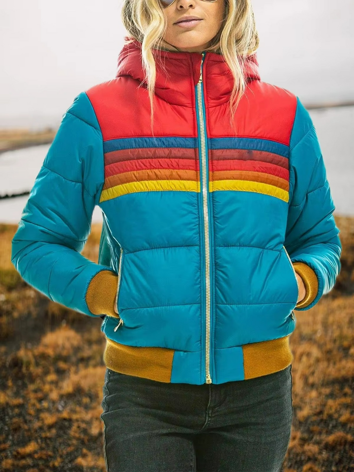 Close-up of the retro striped pattern on a women's padded jacket.