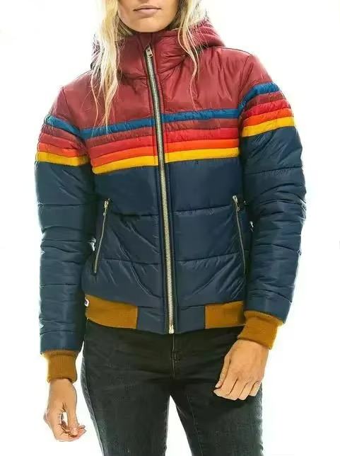 Warm and trendy women's puffer jacket with retro stripe detailing.