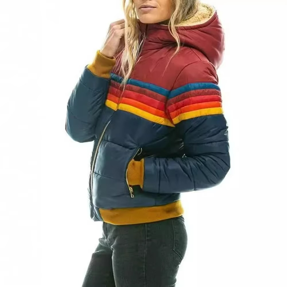 Women's winter fashion: a colorful striped padded puffer jacket.