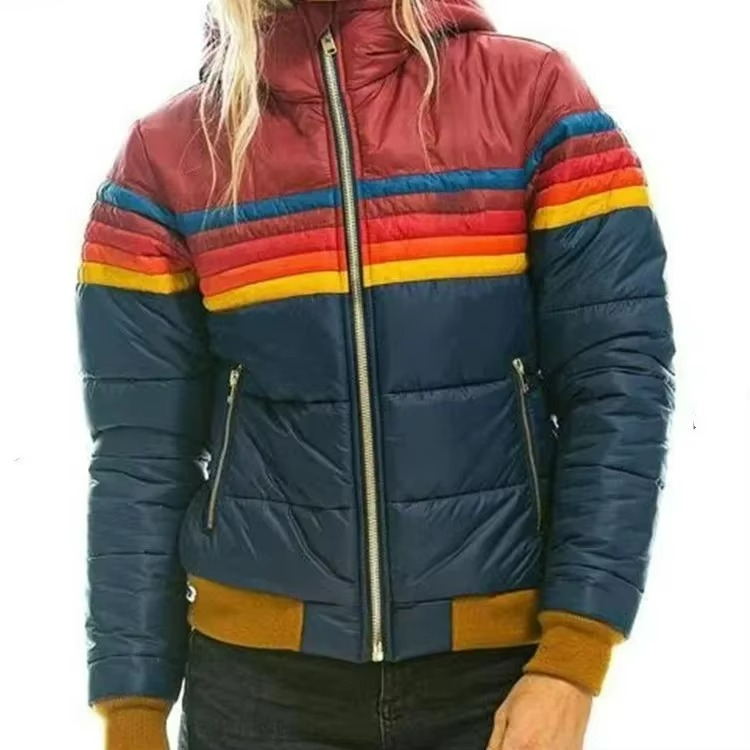 Stay warm in style with this retro striped women's puffer jacket.