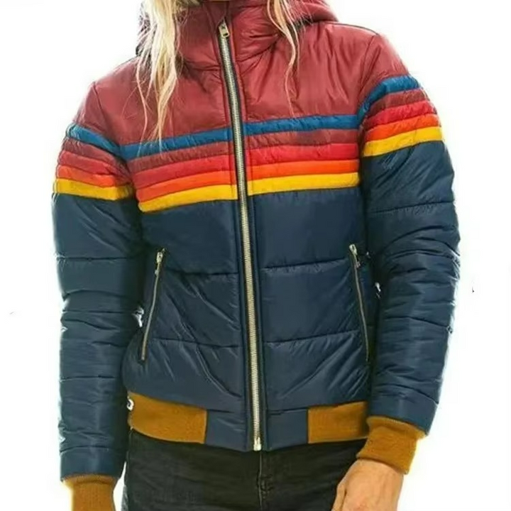 Stay warm in style with this retro striped women's puffer jacket.