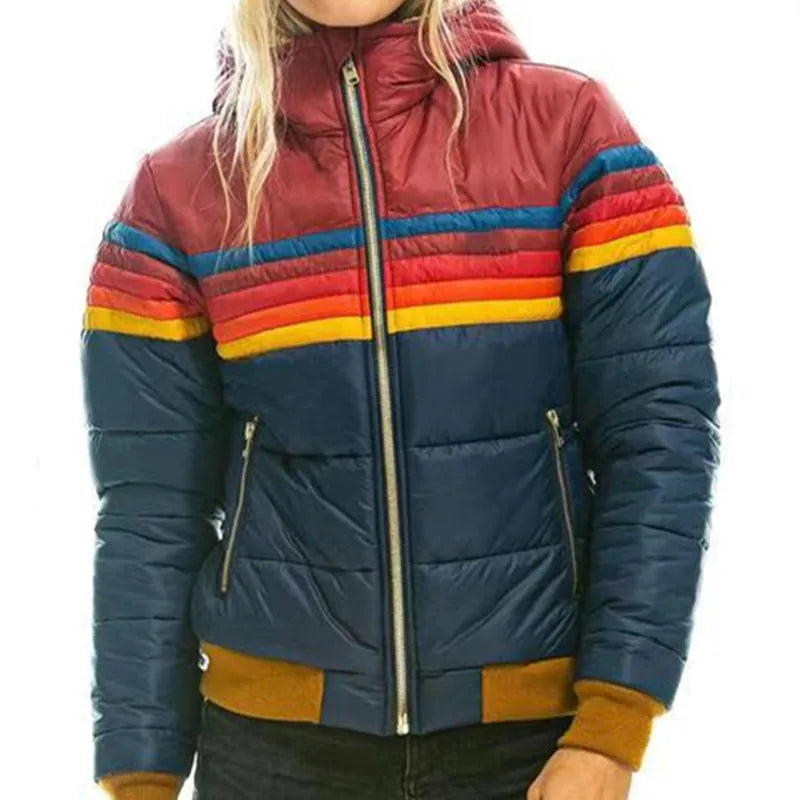 Cozy hooded puffer jacket for women, featuring a bold retro stripe design. Ideal for cold weather style.