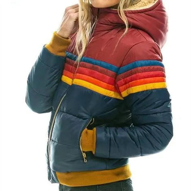 Cropped women's puffer jacket, retro stripes & hood. Stylish and warm colorful outerwear for winter fashion.