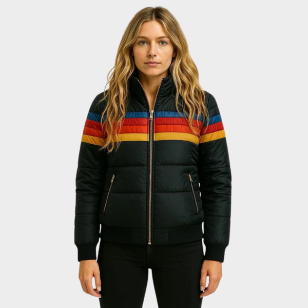 Comfortable women's hooded puffer with eye-catching retro stripes. A vibrant, cozy casual fashion statement.
