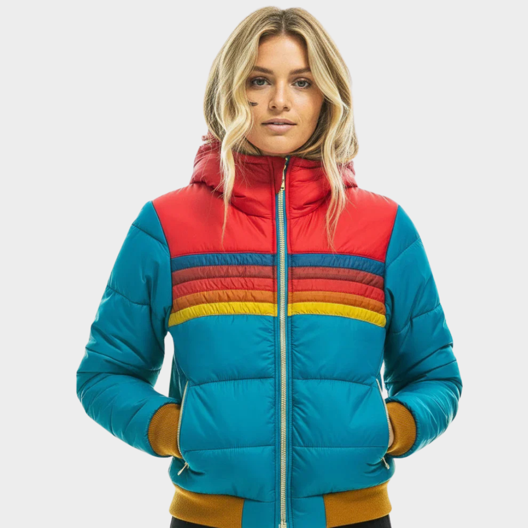 Plush women's hooded puffer jacket, featuring a chic retro stripe pattern. Stylish and cozy winter outerwear.