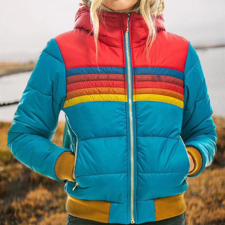 Versatile women's retro striped hooded puffer jacket. Casual, warm, and colorful for everyday winter wear.