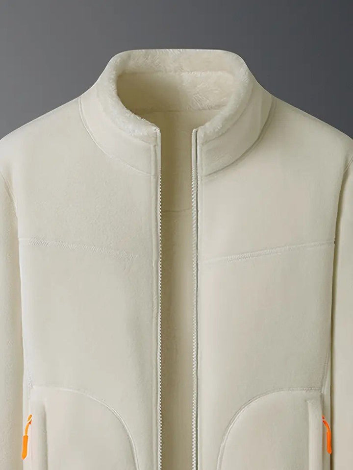 Detail of the stand collar on the women's reversible winter jacket, providing extra warmth & style.