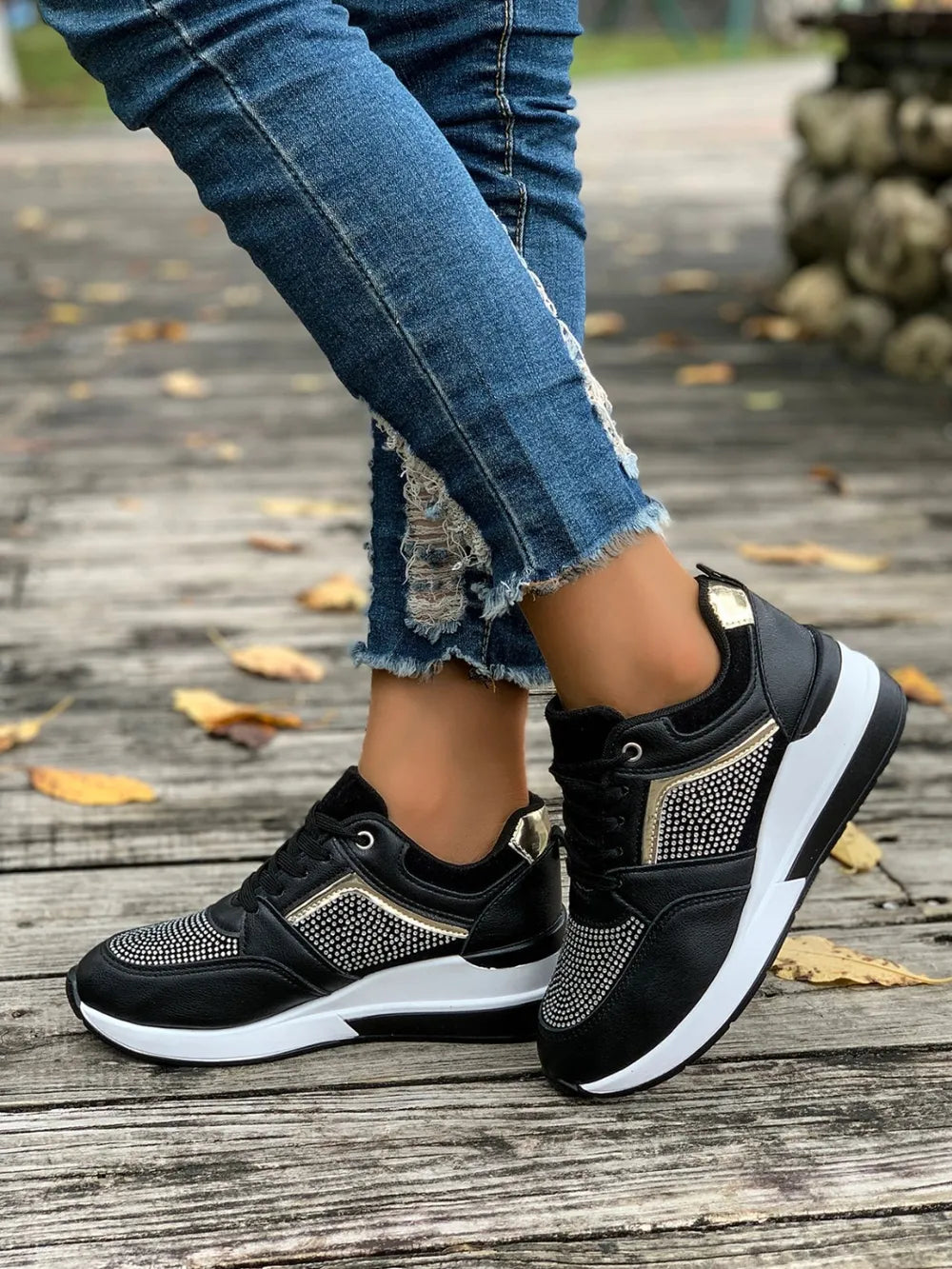 Women's rhinestone platform sneakers with lace-up closure, stylish casual shoes.