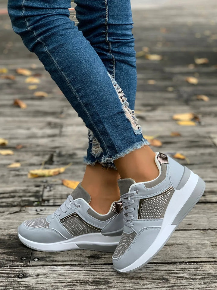 Women's everyday shoes: stylish rhinestone platform sneakers offering comfort and flair.