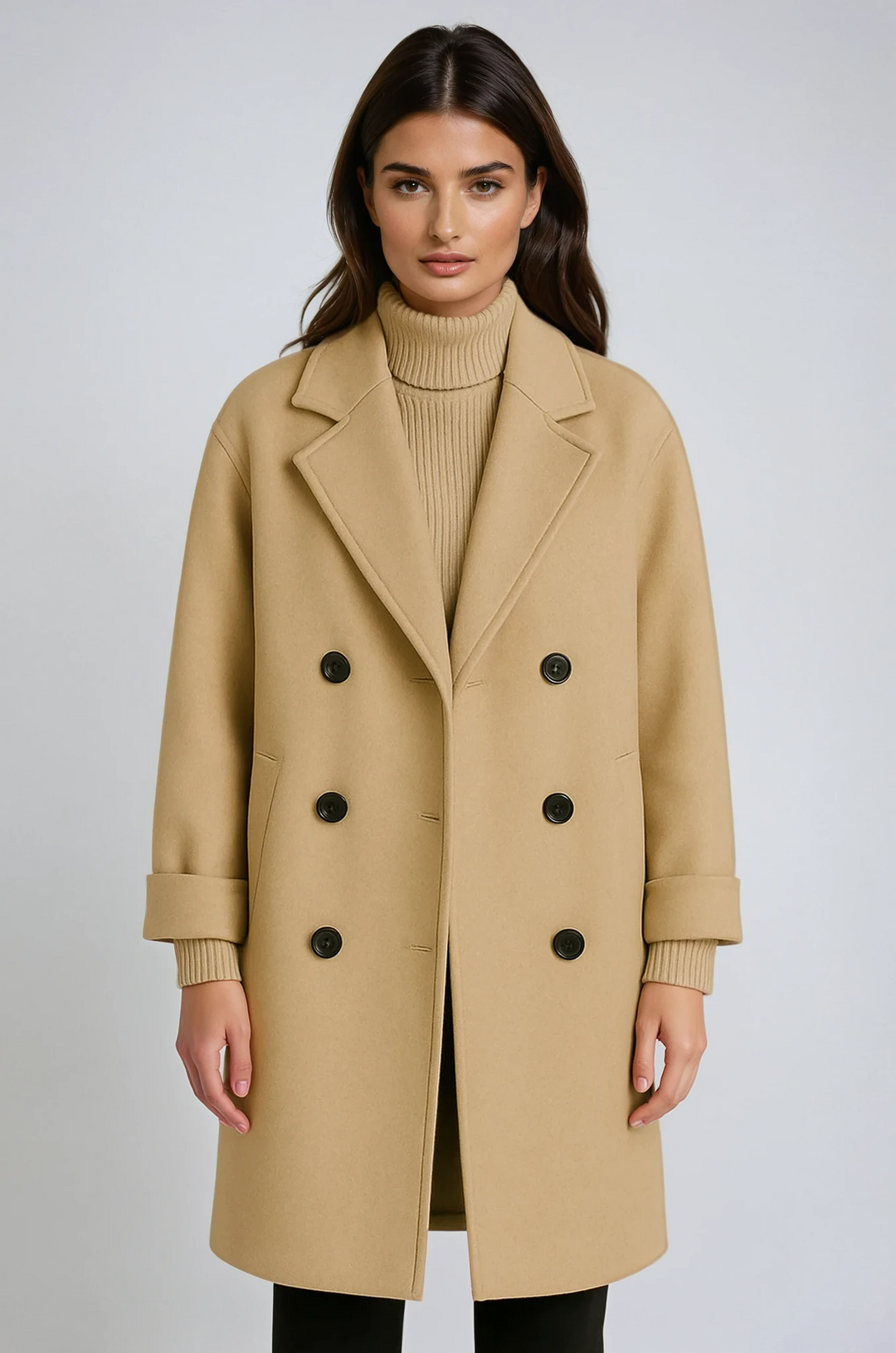 Women's Rivoli classic belted coat in black for elegant winter style. Perfect long sleeve outerwear.