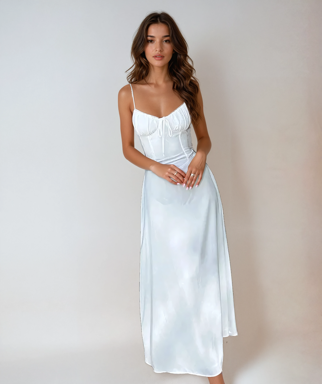 Women's ruched bodice sleeveless wedding guest maxi dress in elegant navy blue.