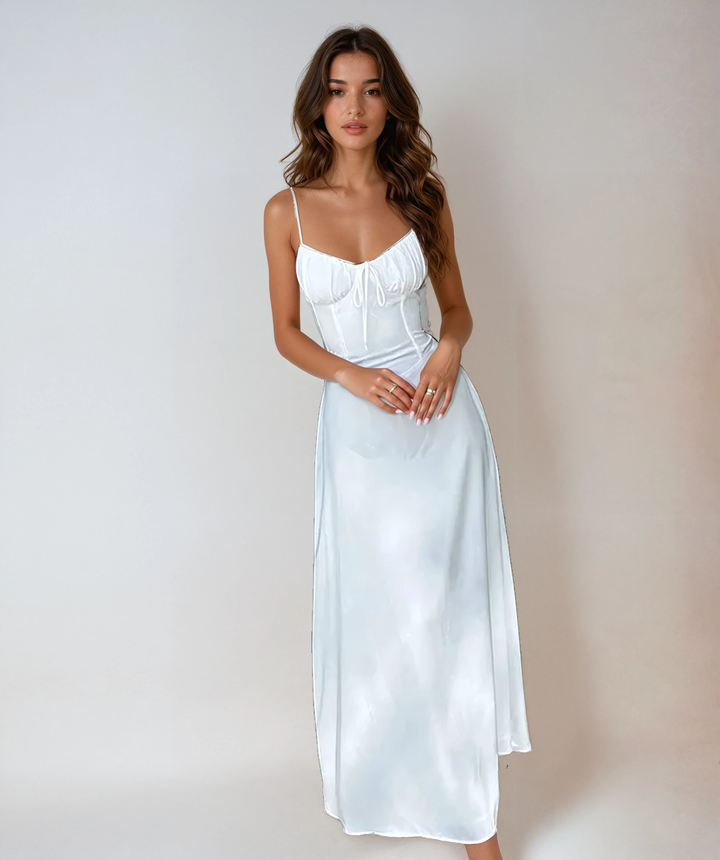 Women's ruched bodice sleeveless wedding guest maxi dress in elegant navy blue.