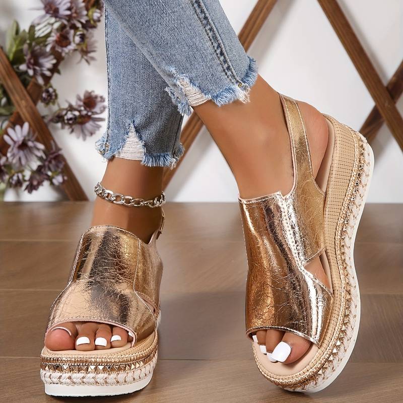 Stylish women's open-toe wedge platform sandals with orthopedic arch support, comfortable ankle strap for summer.