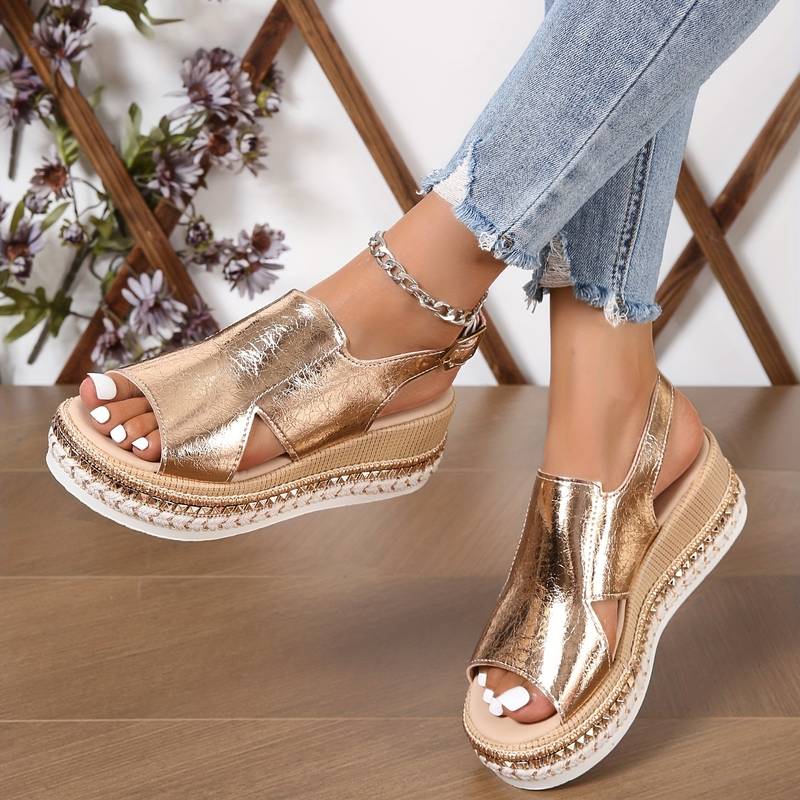 Comfort-focused women's wedge platform sandals with robust arch support & adjustable ankle strap. Ideal for summer.