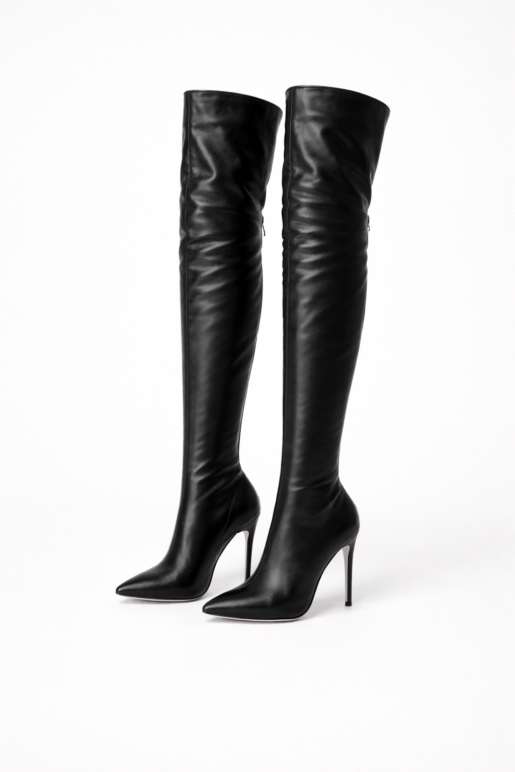 Women's scarlet stiletto thigh-high boots, elegant over-the-knee fashion boots with pointed toe and slim heel.