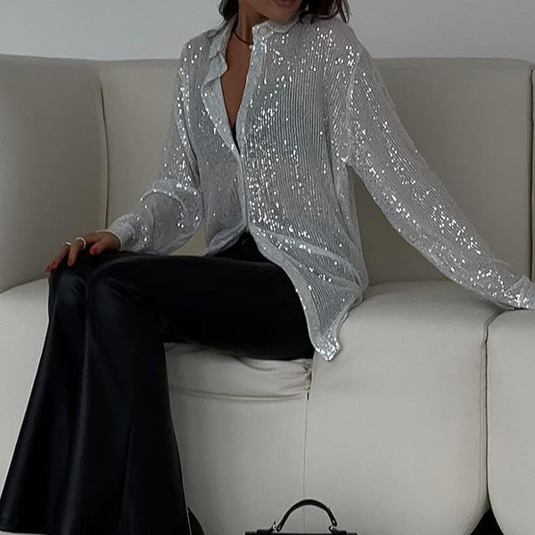 Loose fit women's sequin blouse, shimmering top for a stylish party or elegant evening event.