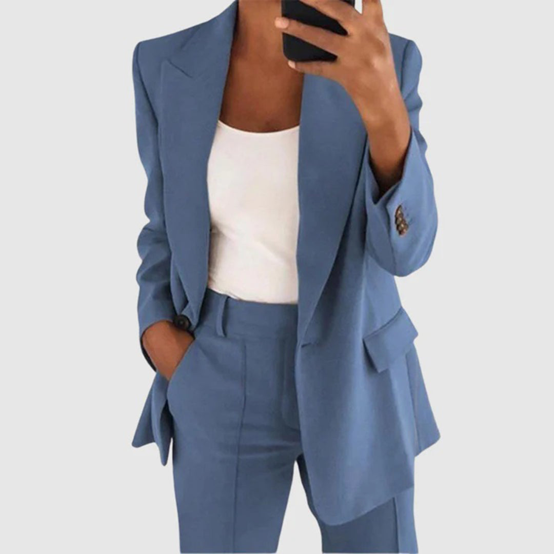 Complete women's fashion blazer & trouser suit set. An elegant, versatile two-piece ensemble for modern office wear.