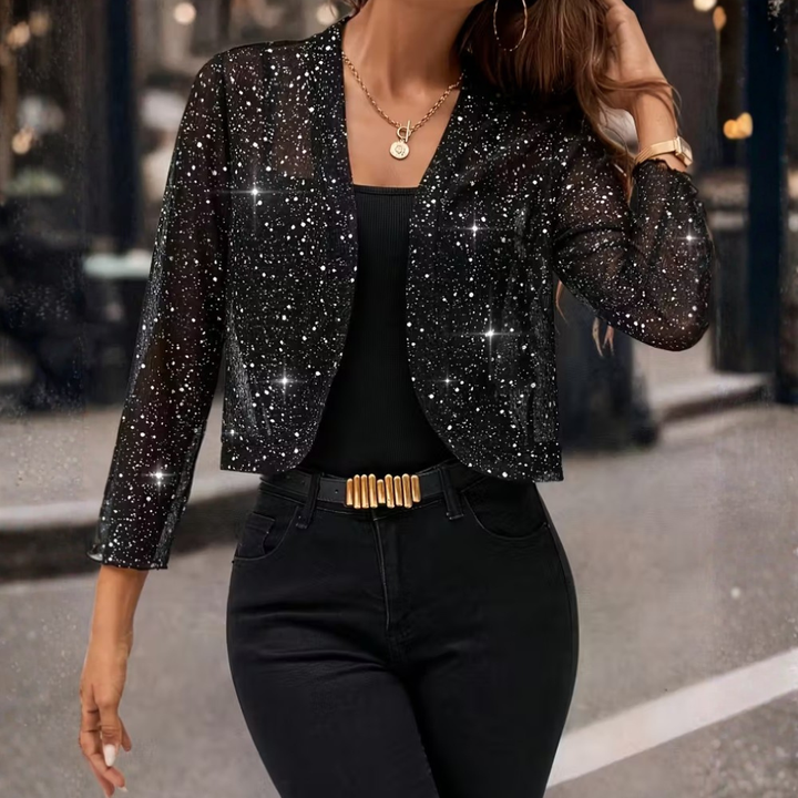 Chic women's sequin jacket, perfect for party outfits & special occasions. Long sleeve glitter cardigan.