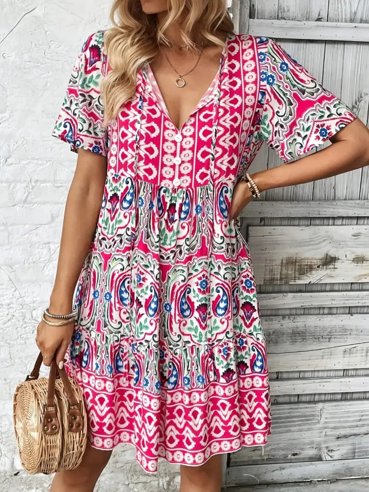 Women's short sleeve casual summer mini dress with tie neck