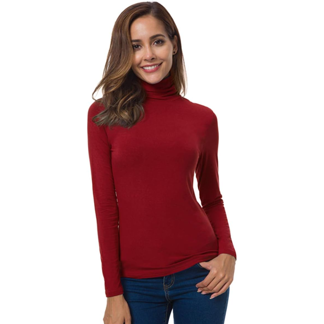 Close-up of the soft, lightweight fabric of the Petra women's long sleeve turtleneck.