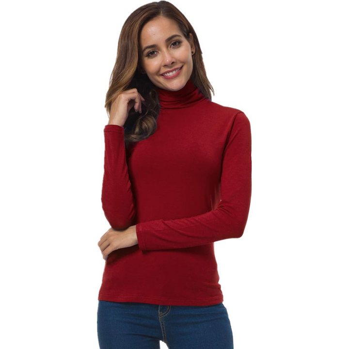 Model wearing the Petra slim fit turtleneck, styled as an everyday wear base layer.