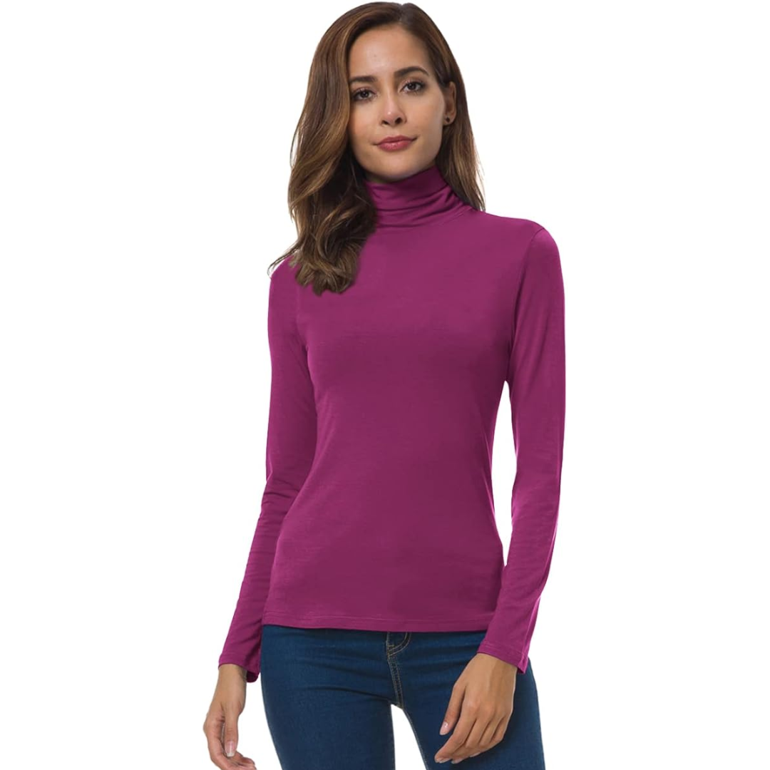 Close-up of a women's soft, slim fit turtleneck sweater in a neutral fall fashion color.