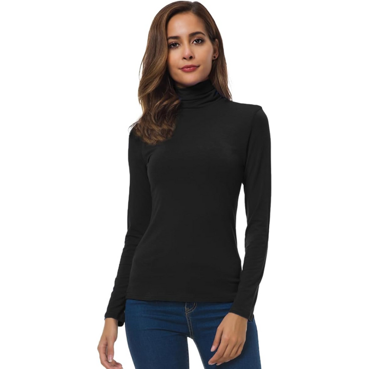 Model wearing a women's lightweight turtleneck sweater, perfect as a base layer for winter.