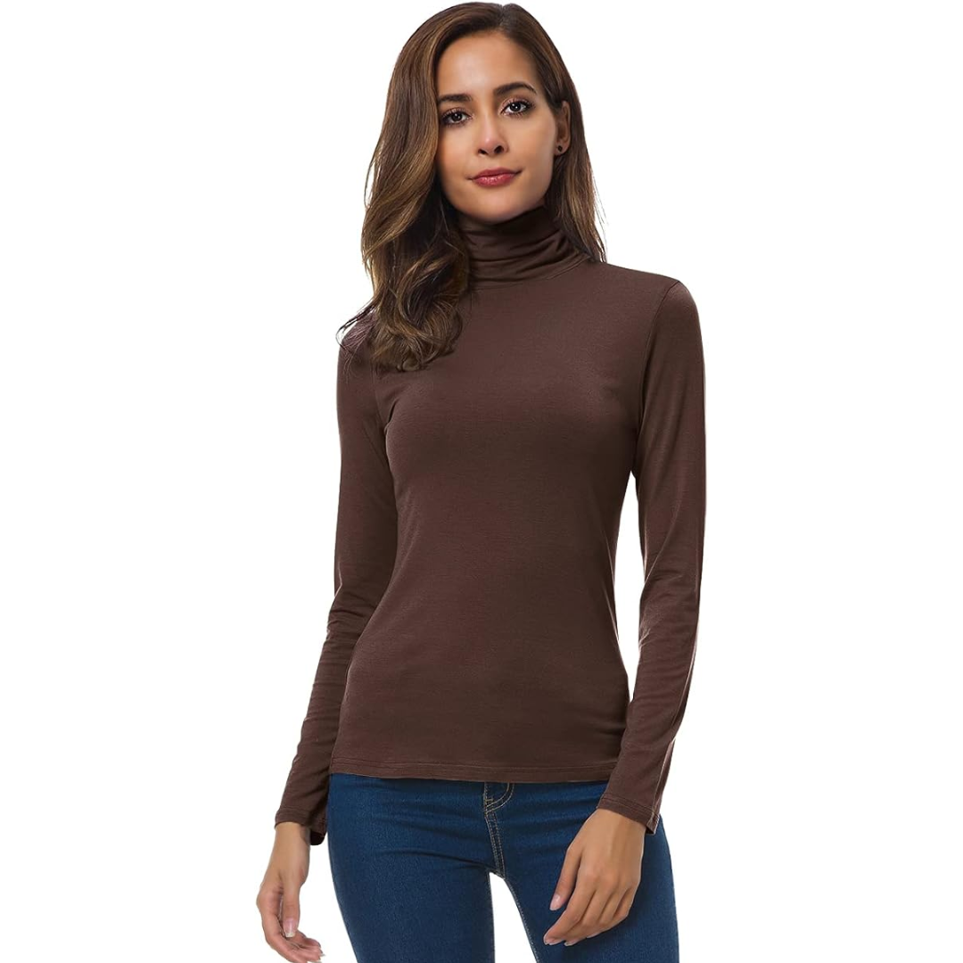 A woman showcasing the sleek silhouette of a women's lightweight turtleneck sweater.