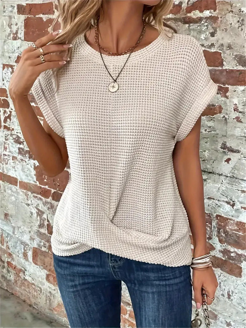 Relaxed fit women's waffle knit tee, a soft and breathable fabric shirt for ultimate comfort.