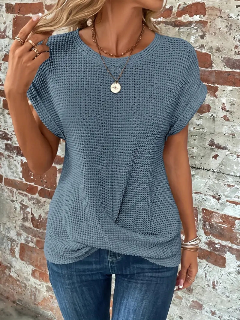 Soft waffle knit women's casual tee shirt, offering stylish comfort for daily wear.