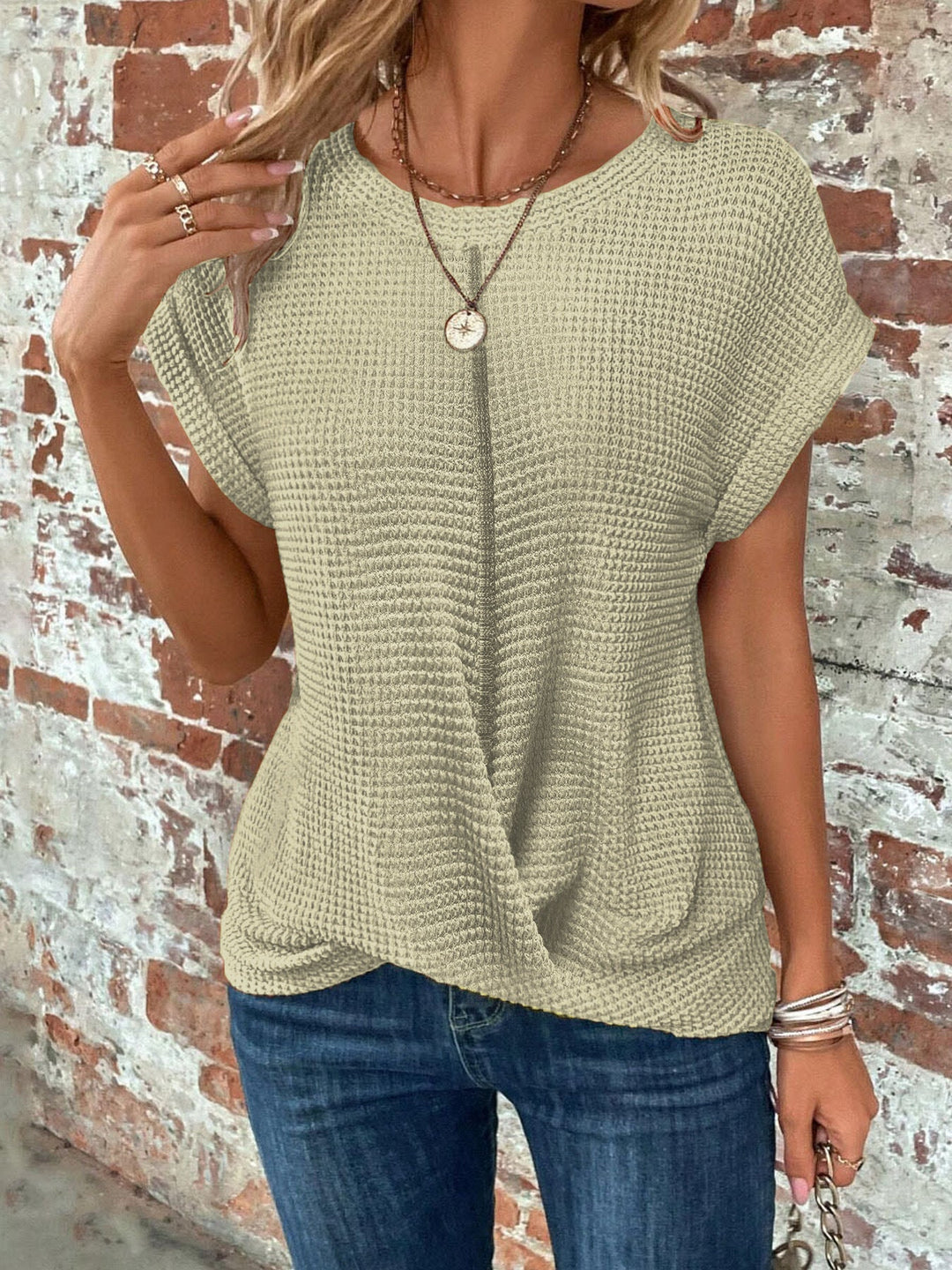 Women's versatile waffle knit tee, a soft layering shirt perfect for year-round casual style.
