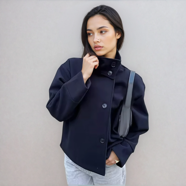 Women's stand collar pea coat in classic navy blue, perfect for winter fashion.