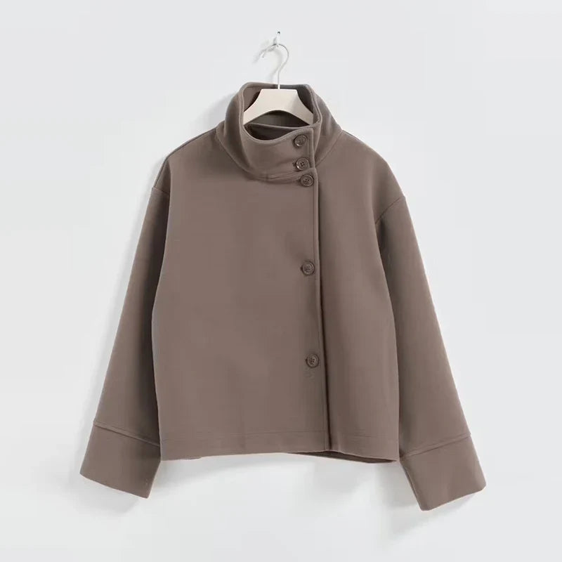Women's stand collar pea coat in a rich charcoal grey, a winter fashion essential.