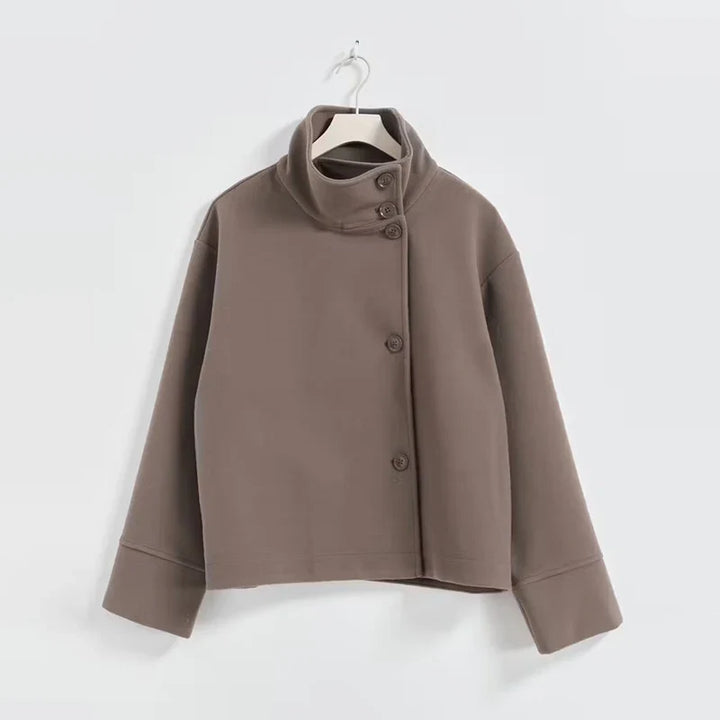 Women's stand collar pea coat in a rich charcoal grey, a winter fashion essential.