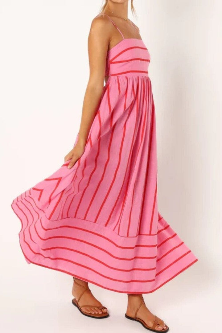 Comfortable flowy striped maxi dress, women's summer beach essential.