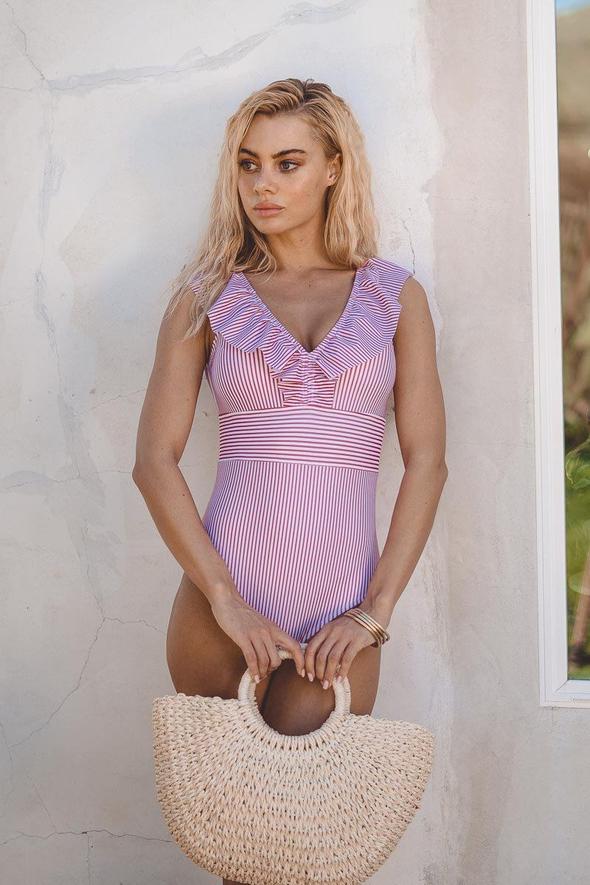 Get beach-ready with this women's V-neck striped one-piece swimsuit