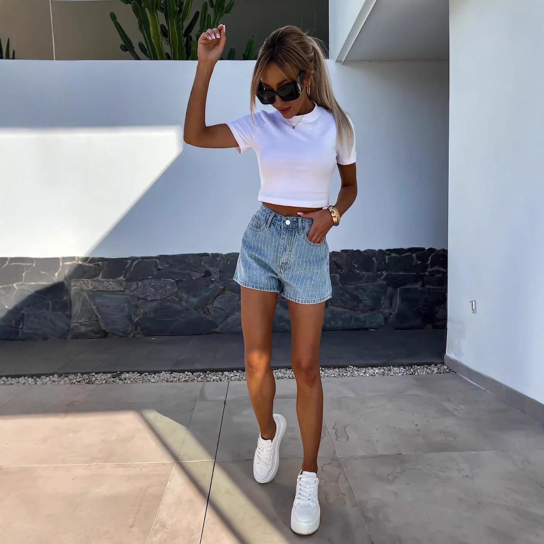 Stylish women's wide leg denim jorts with stripes, ideal for modern everyday summer fashion & comfort.